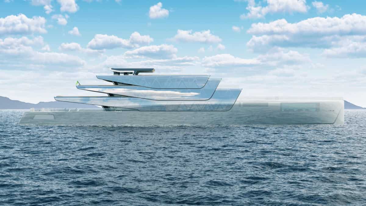 The Pegasus Superyacht featuring mirrored glass “wings” that allow it to blend seamlessly with its surroundings