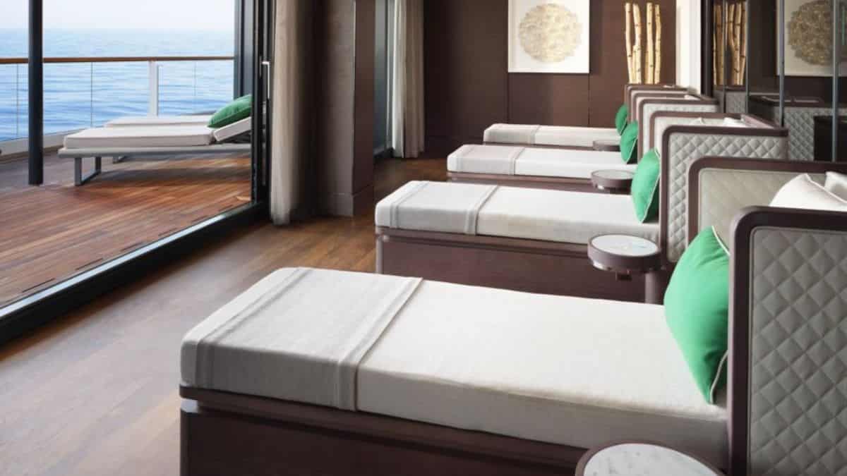 Luxury spa beds overlooking a terrace with ocean views on the superyacht