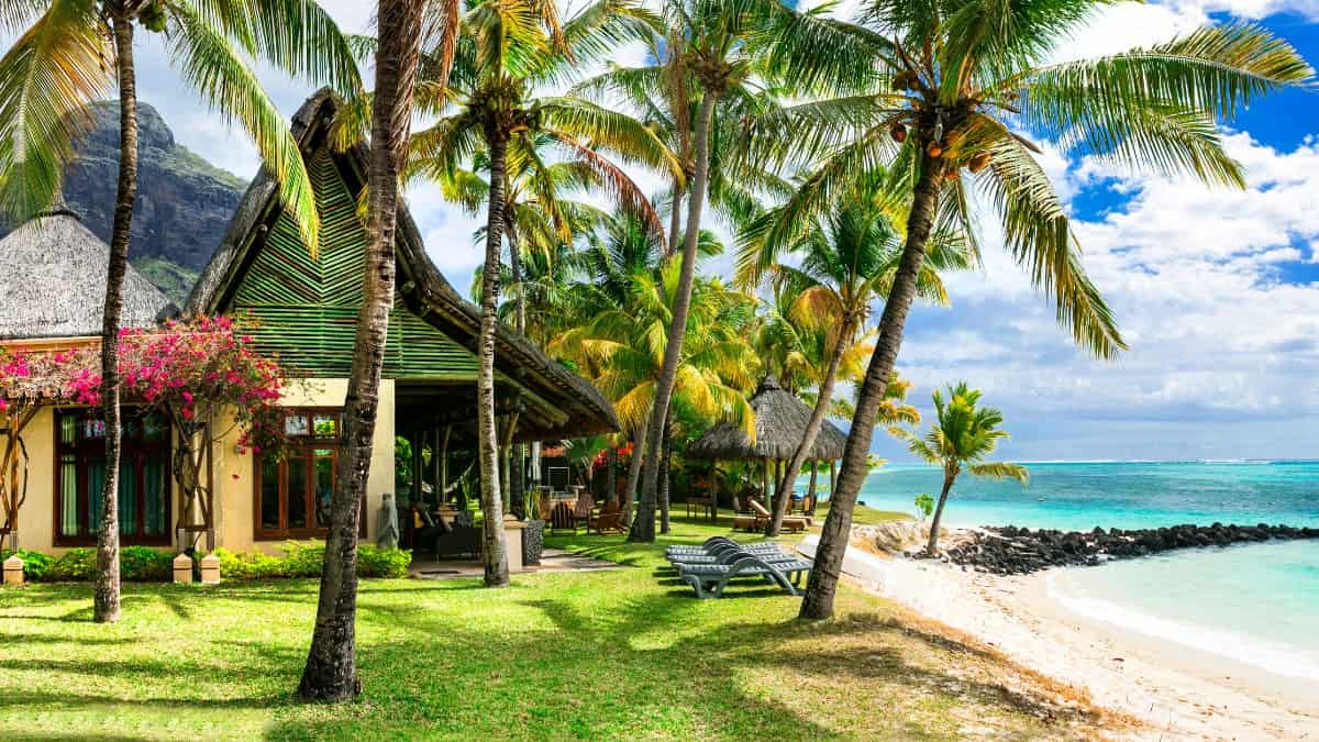 a lush green beach bungalow sitting next to the white sand beaches and turquoise ocean waters in Seychelles