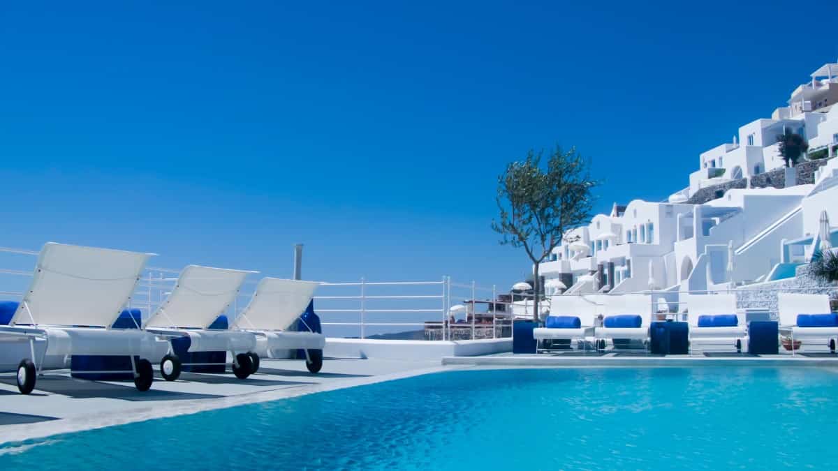 a pool side view from a Santorini resort