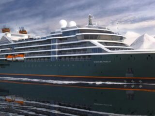 The side view rendering of the new Seabourn Pursuit luxury cruise ship
