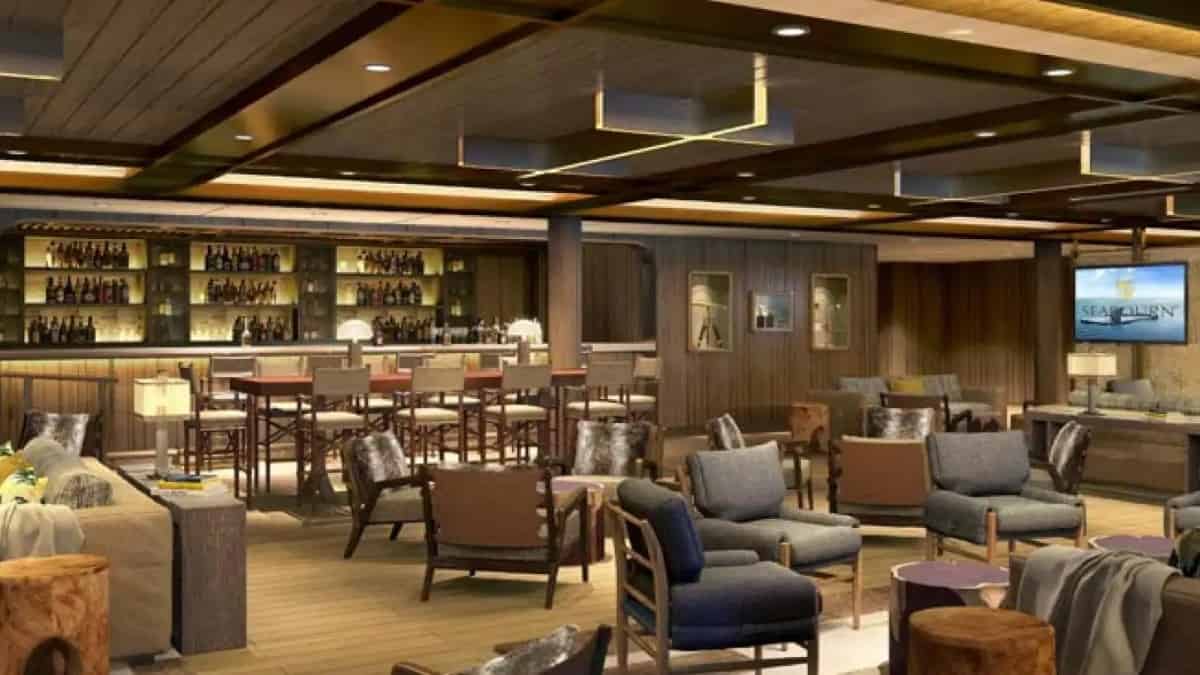 An inside view of the Seabourn Pursuit luxury expedition lounge.