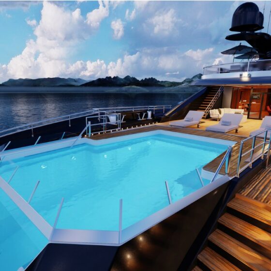 The onboard pool on the rear of a luxury super yacht