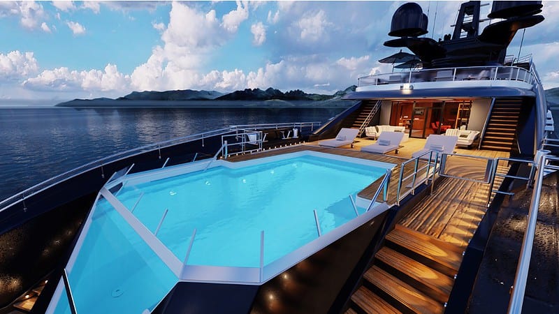 The onboard pool on the rear of a luxury super yacht